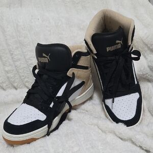 Puma Black and White High-Top Sneakers with Tan Accents